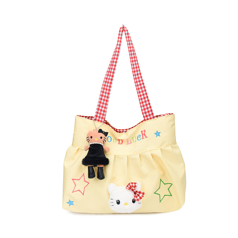 Cute Korean Style Versatile Kitty Pleated Handbag Women's New Large Capacity Commuter out Shoulder Bag