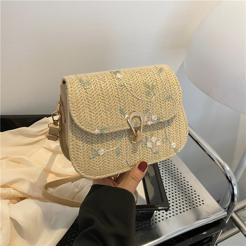 Chic Embroidered Woven Crossbody Bag for Women, Fashionable Casual Style with Golden Clasp and Adjustable Strap