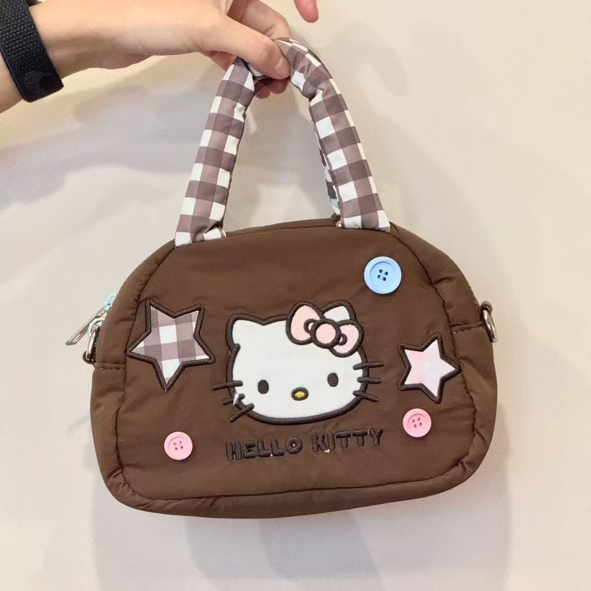 Cute Hello Kitty Quilted Crossbody Bag with Star Applique and Checkered Strap for Daily Use