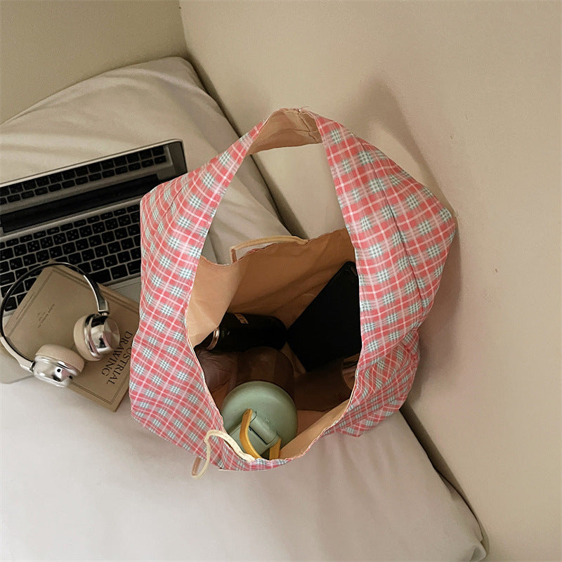 Cute Plaid Shoulder Bag for Women, Soft Nylon Casual Shopping Tote with Drawstring Design, Perfect for Daily Use and Commuting