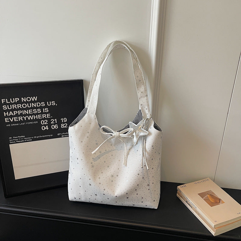 Starry Tote Bag for Women 2026 New Fashion Large Capacity Daily Commute Simple Style Shoulder Bag with Bow and Star Charm