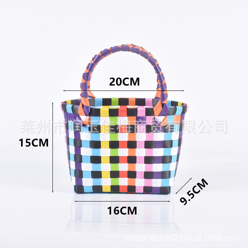 Handwoven Checkerboard Tote Bag for Women, Fashionable Beach & Daily Use, Soft PVC Material with Open Top and Inner Pockets