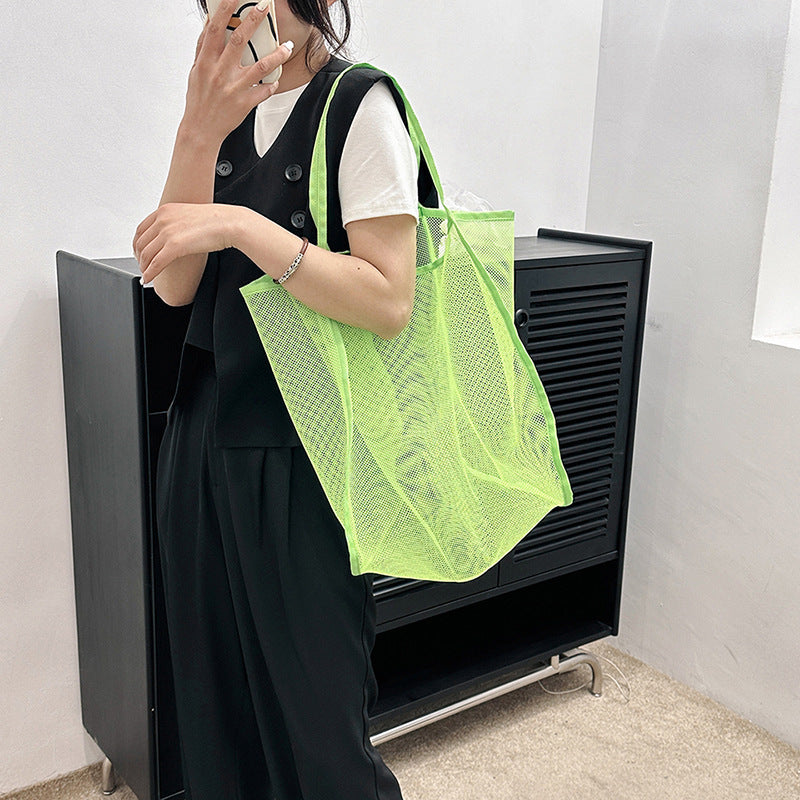 Large Capacity Mesh Tote Bag for Women, Breathable Nylon Shoulder Bag, Fashionable Casual Style, Perfect for Beach and Travel