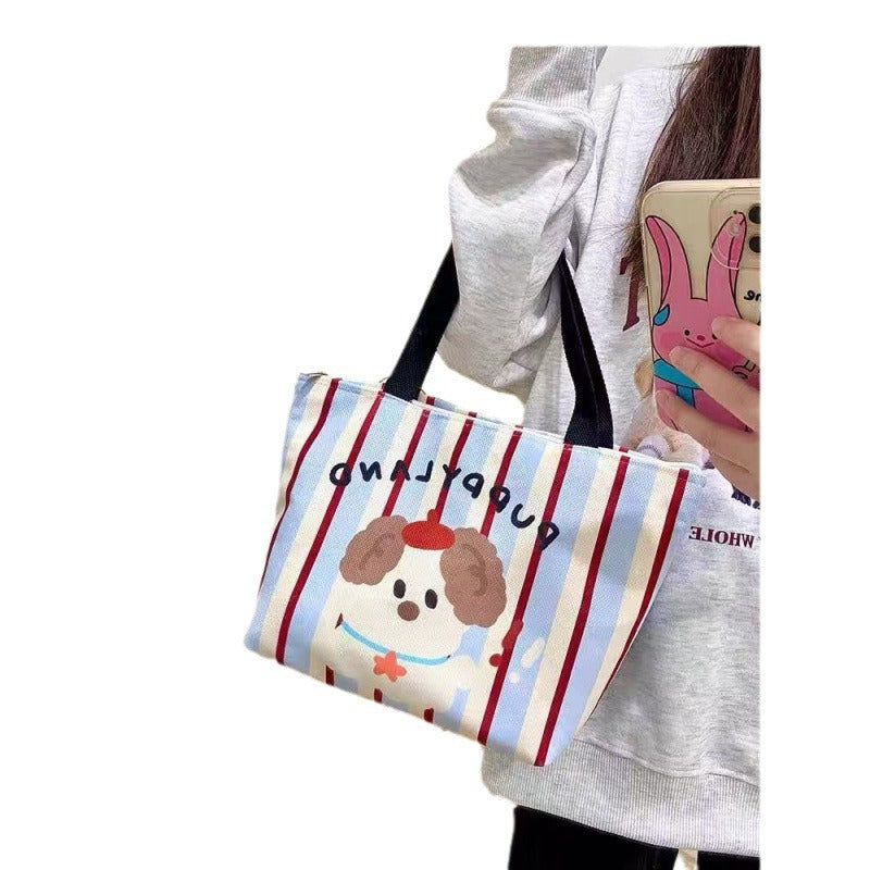 Women's Shoulder Bag Cute Puppy Printed Canvas Handbag Striped Design with Zipper Pocket Mobile Phone Bag