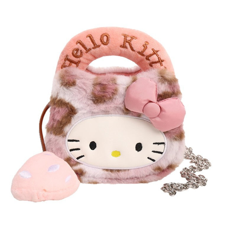 Cute Cartoon Kitty Furry Crossbody Bag with Chain Strap, Adorable Plush Design for Daily Wear
