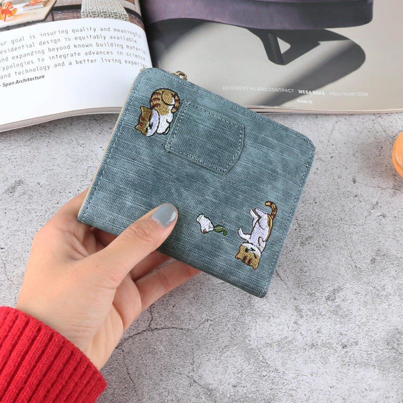 Cute Embroidered Cat Design Wallet for Women, Stylish Denim Look with Zipper Closure and Multiple Pockets