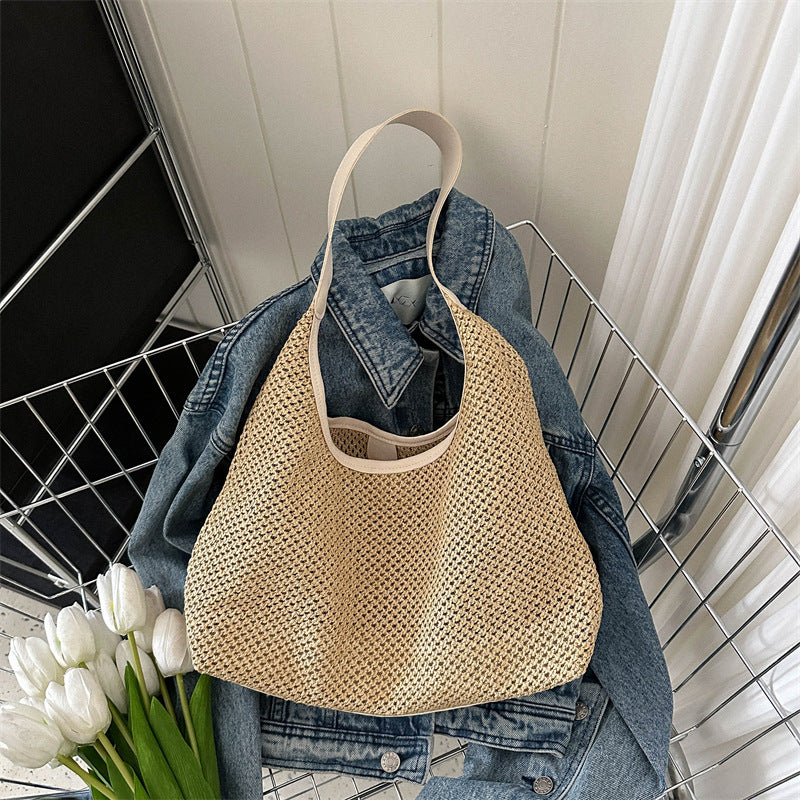 Korean Vintage Weave Tote Bag Women's Straw Large Capacity Underarm Shoulder Beach Bag