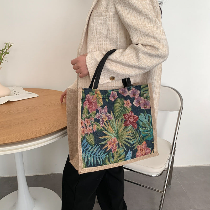Women's Handbag New Large Capacity Ethnic Style Cotton Linen Tote Bag Flowers Print Magnetic Snap Handbag Daily All-Match Fashion Women's Bag