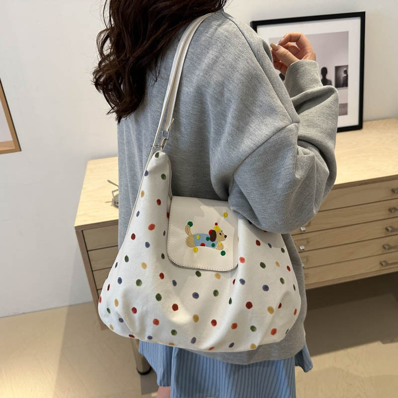Women's Schoolbag Shoulder Bag Cute Polka Dot Embroidered Tote Bag Large Capacity Student Daily Casual Crossbody Shoulder Bag