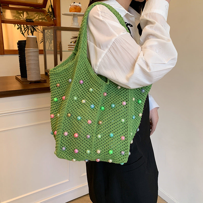 Idle Style Seaside Vacation Weaving Women's Summer New Pearl Hollowed-out Large Capacity Totes