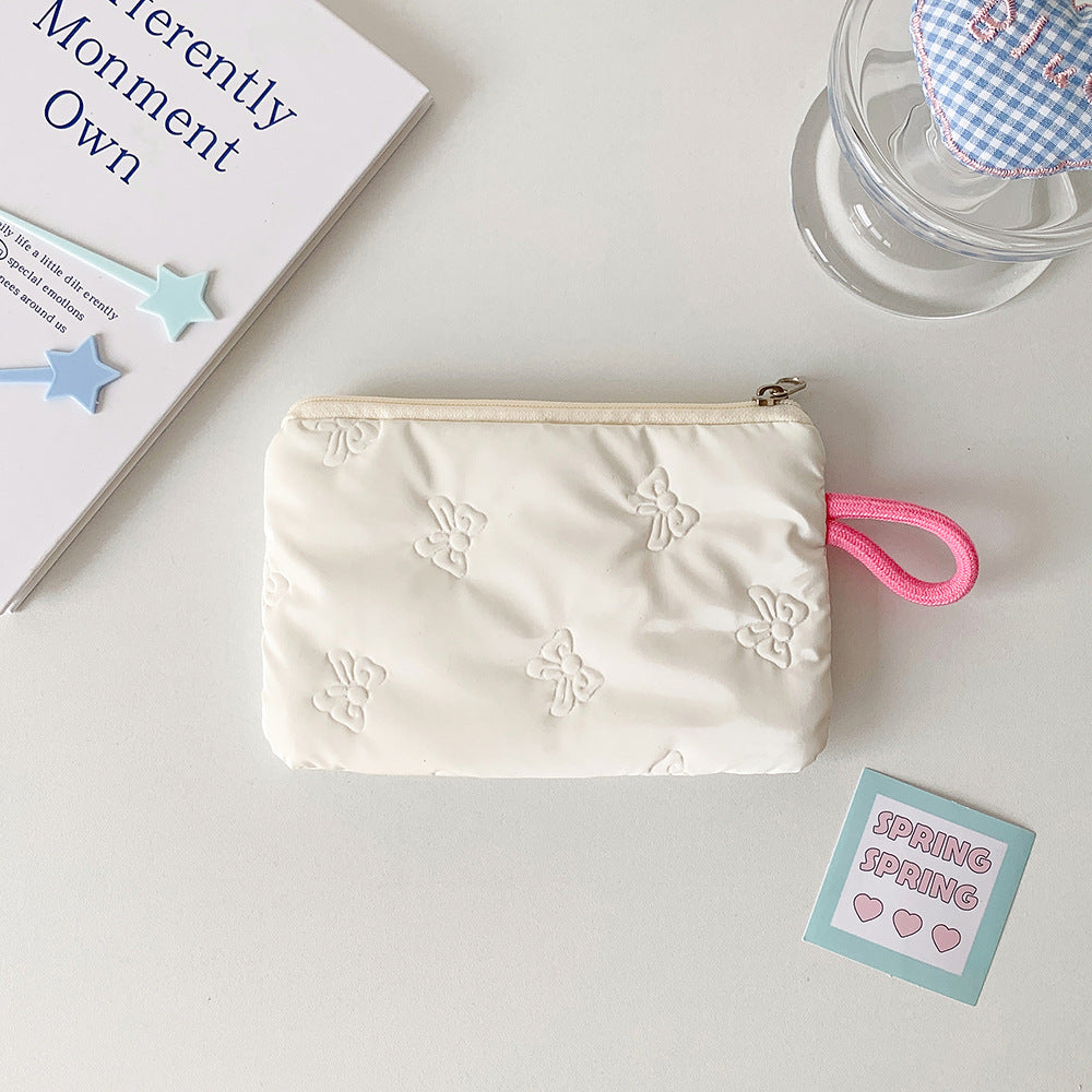 Cosmetic Bag Women Bow Silver Shiny Surface Portable Carry-on Bag Earphone Data Cable Storage Coin Purse