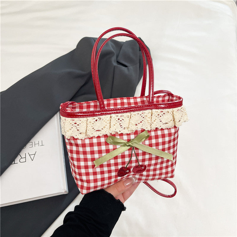 Plaid Tote Women's Summer New Fresh Cherry Hand Carrying Polka Dot Bow Cute Crossbody Bag