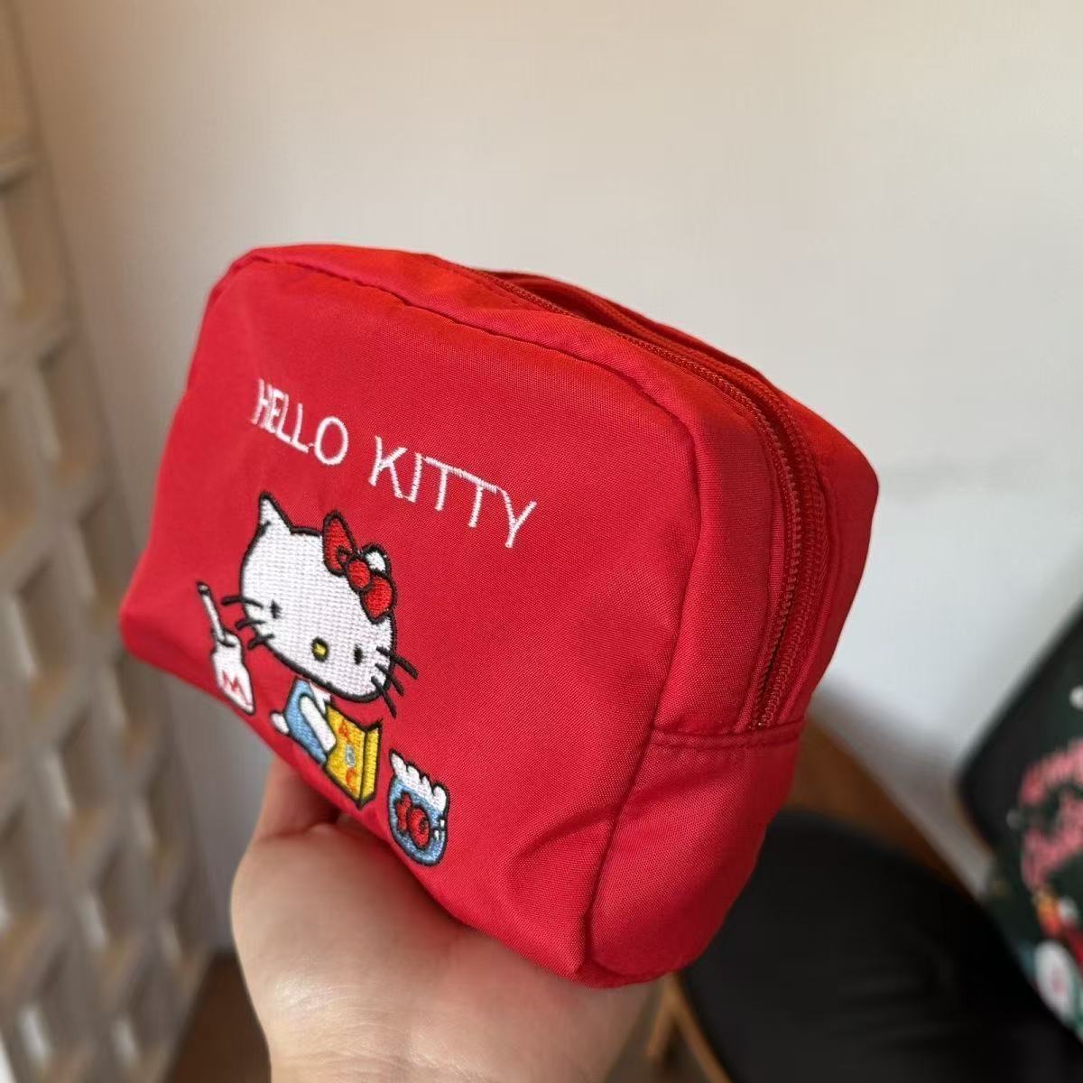 Sanrio Cat Embroidered Canvas Women's Storage Bag with Bones Pendant Zipper Cute Cartoon Design Daily Practical