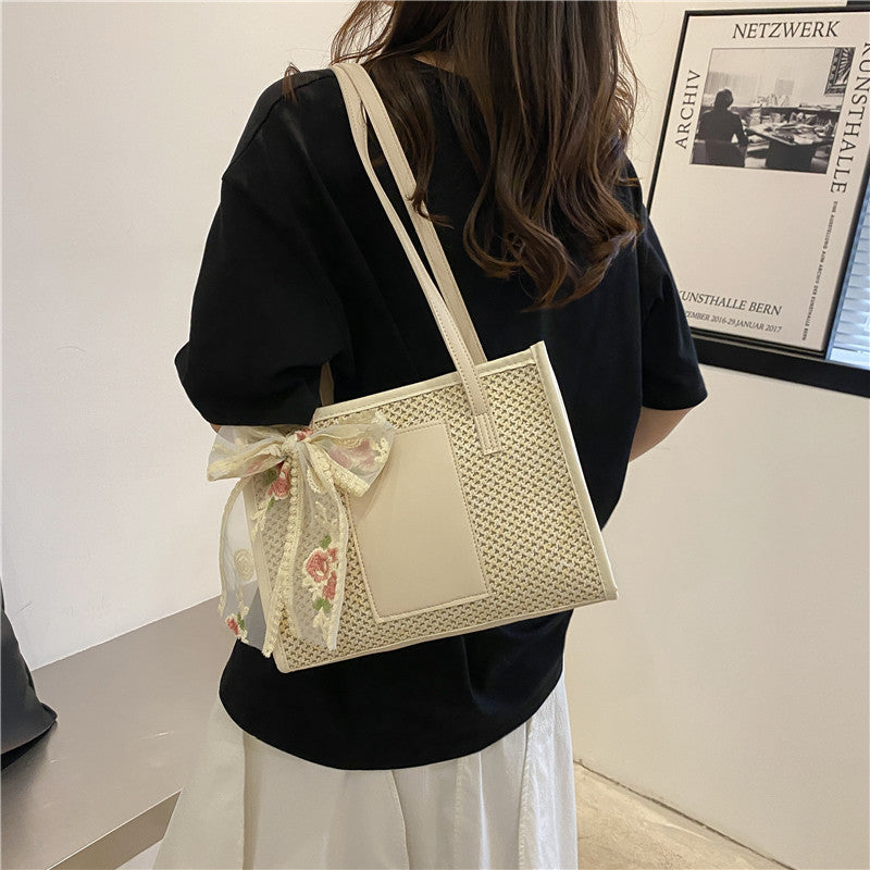Woven Tote Bag Women's Spring Fashion Embroidered Flower Bow Tie Large Capacity Retro Style Handbag