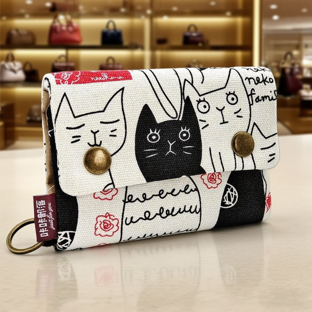 Creative Cartoon Printing Tri-Fold Denim Canvas Wallet Simple Canvas Card Holder Key Case for Both Men and Women