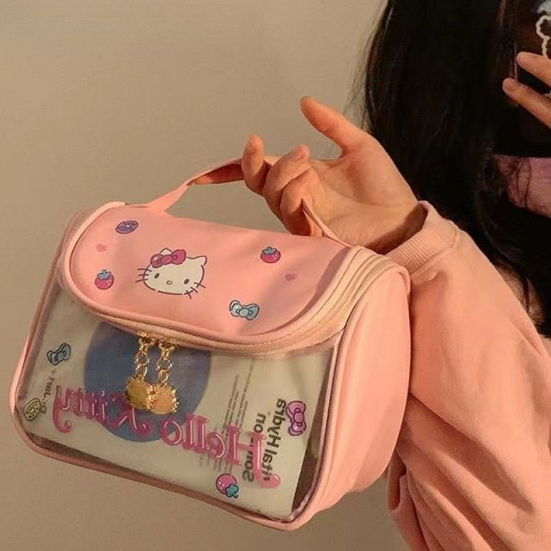 Women's Cosmetic Bag Cute Hello Kitty Washing and Makeup Bag Cosmetic Bag Transparent Design Large Capacity Portable Skin Care Products Buggy Bag