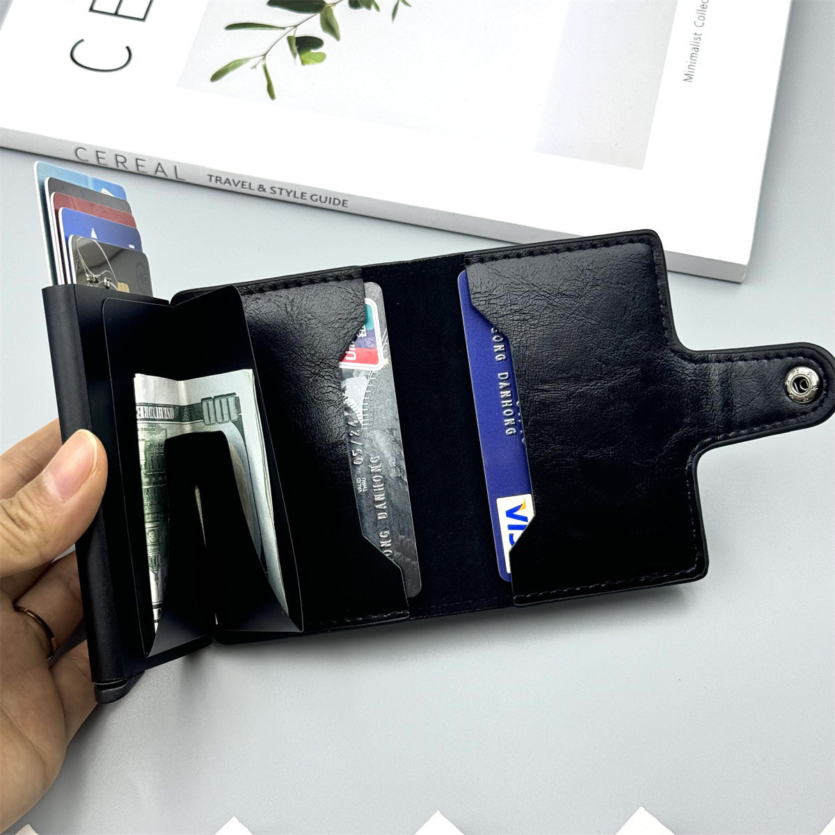 RFID Blocking Card Holder with Automatic Pop-Out Design, Large Capacity, Anti-Magnetic, Stylish Stitching & Snap Closure for Daily Use