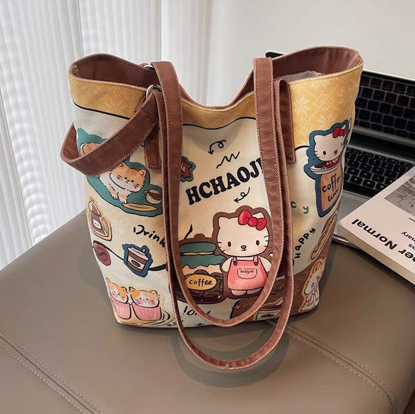 Cute Cartoon Hello Kitty Canvas Bag Women's New Large Capacity One-Shoulder Bucket Bag