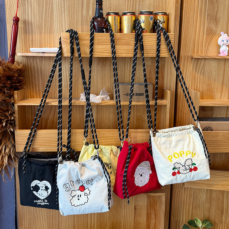 Cute Embroidered Drawstring Bag with Adorable Dog Design, Fashionable Nylon Crossbody Bag for Daily Use