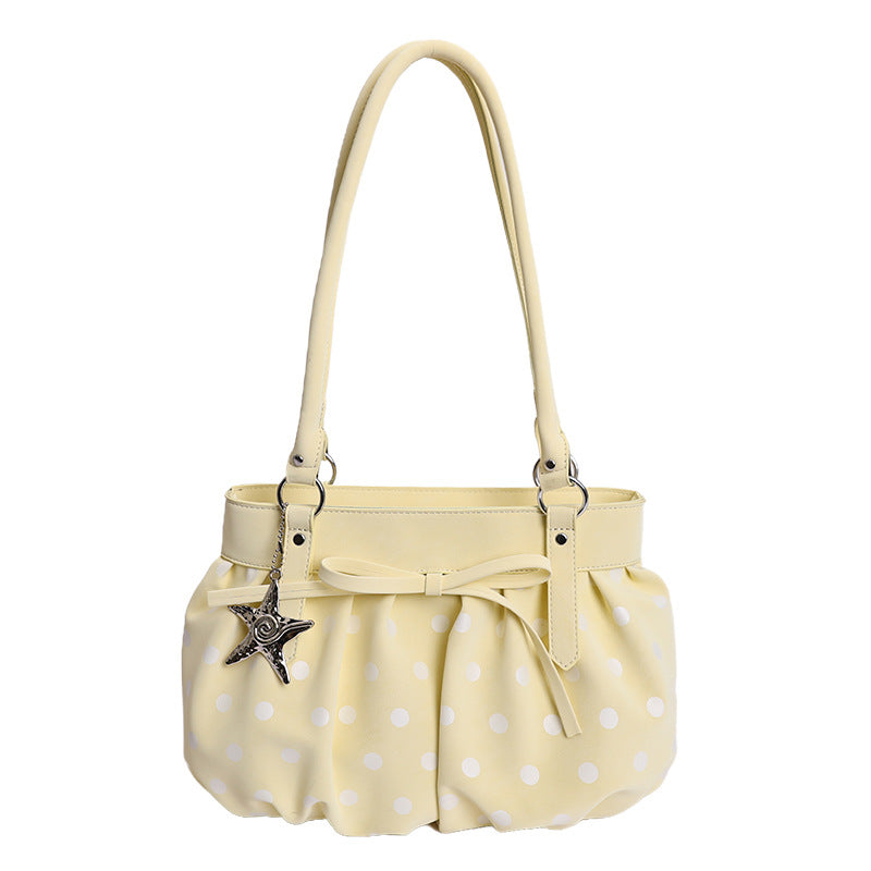Korean Style Large Capacity Pleated Tote Bag with Polka Dot Print for Women, Casual Shoulder Bag for Daily Use