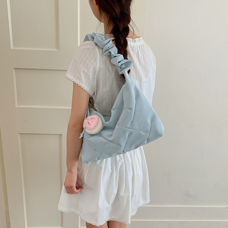 2026 New Korean Style Large Capacity Shoulder Bag with Cute Pom-Pom Charm, Soft Quilted Design for Daily Use