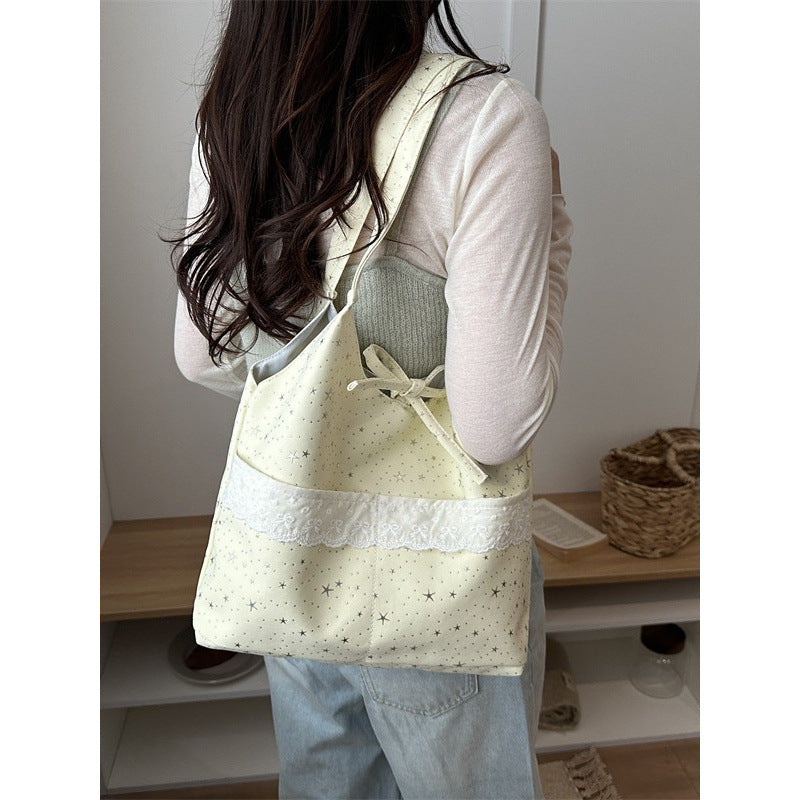 Shoulder bag for women, new style, Japanese and Korean bow-knot lace, large capacity, good-looking, fairy student canvas bag