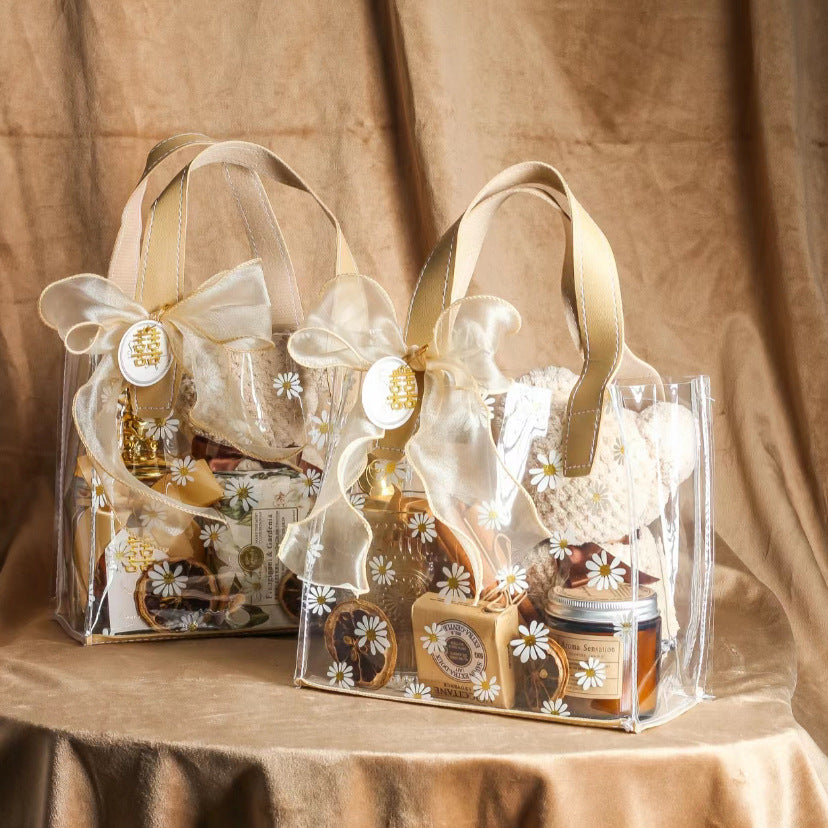 Chic Daisy Pattern Transparent PVC Gift Bag with Pink Ribbon Bow for Wedding Favors and Party Gifts