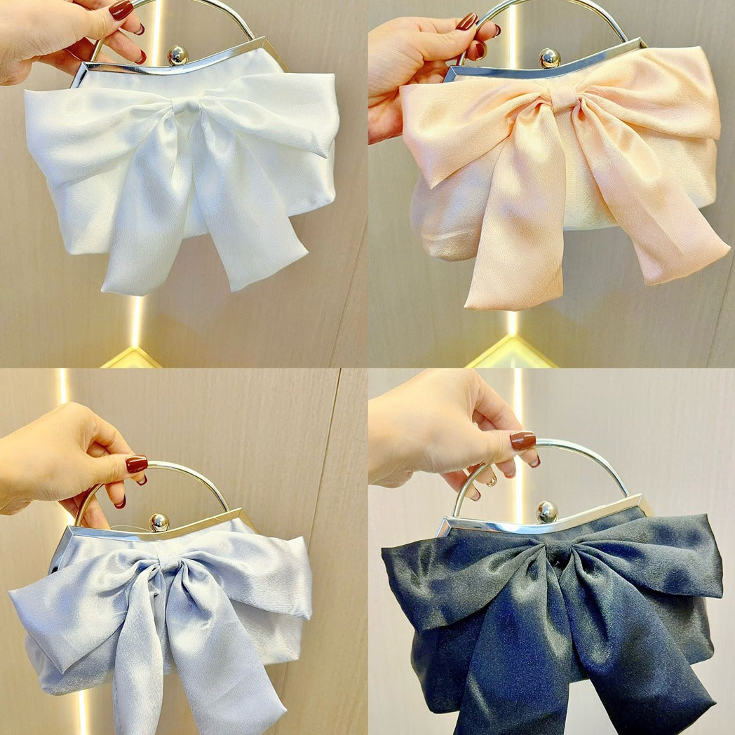Elegant White Bow Handbag with Metal Handle for Wedding and Evening Events, Soft Satin Design with Inner Pockets