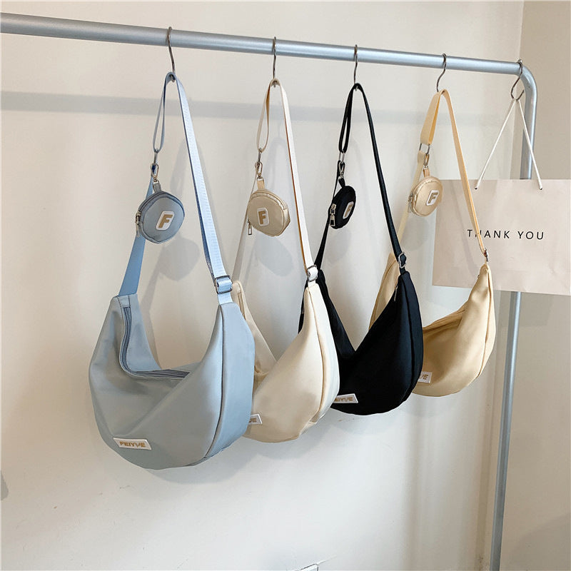 Casual Nylon Moon Bag with Letter Logo, Soft Crossbody Sling for Daily Commute and School