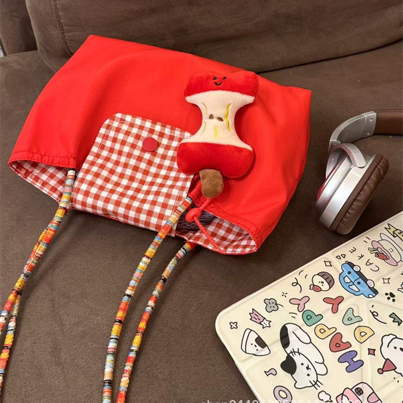 New Korean Style Large Capacity Red Shoulder Portable Checked Canvas Bag Versatile Student Commute Leisure Tote Bag for Women