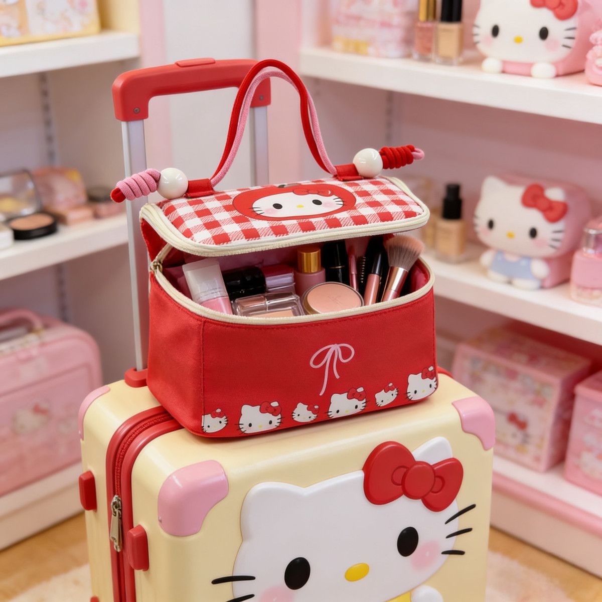Cute Hello Kitty House-Shaped Makeup Bag with Large Capacity, Waterproof and Organized Compartments for Girls