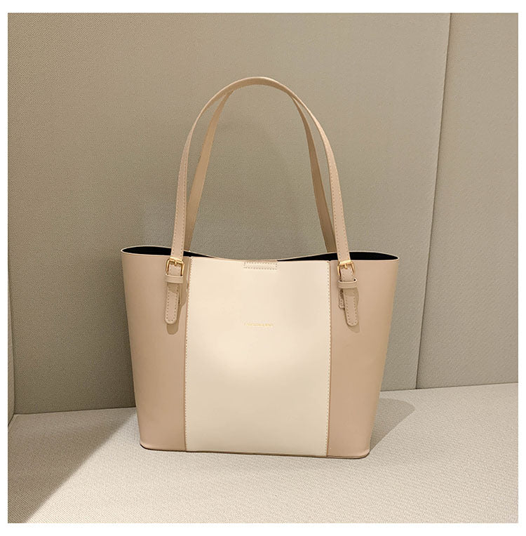 Women's Simple Color Contrast Patchwork Pu Tote Bag Large Capacity Daily Commuter's All-Matching Portable Shoulder Bag