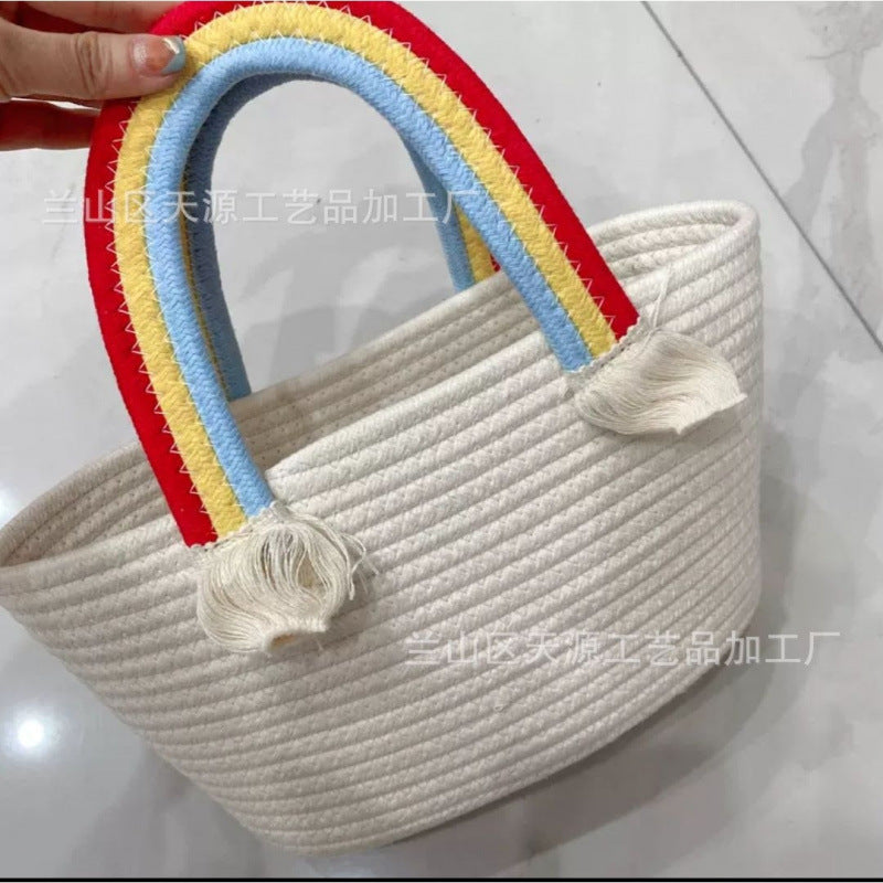 Sunflower Cotton String Woven Bag Straw Bag Baby Birthday Party Portable Cloud Beach Bag Basket