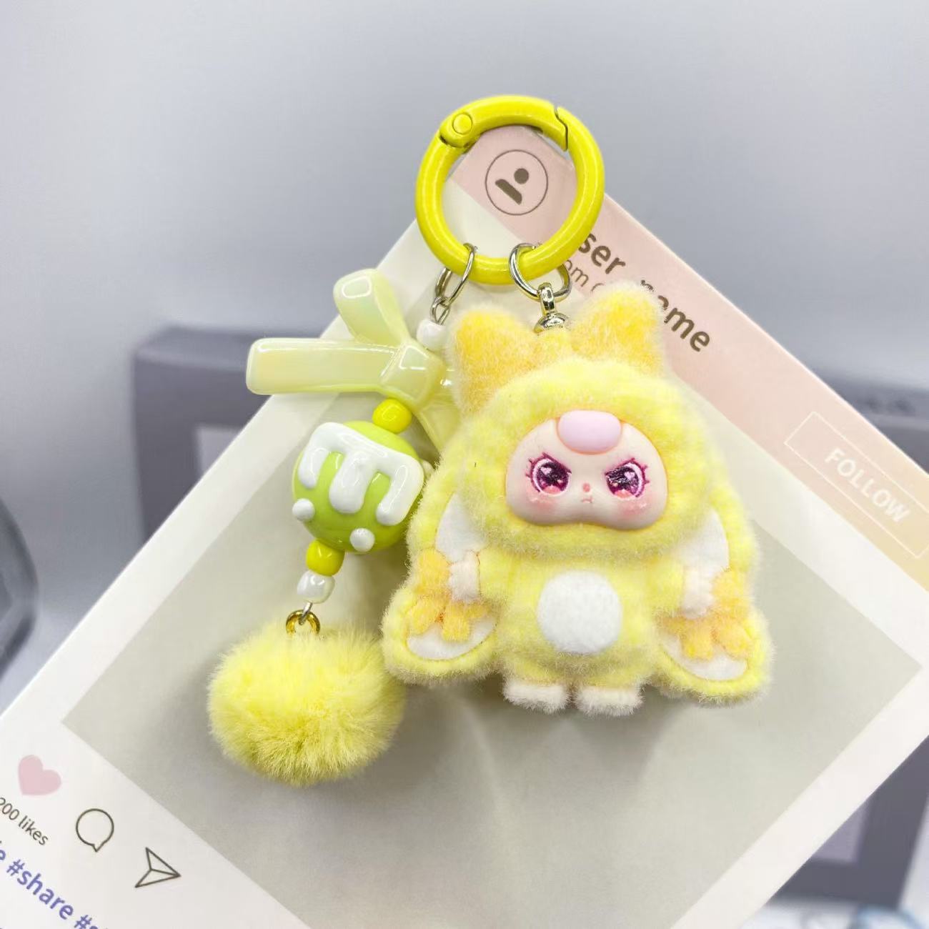 Cute Cartoon Plush Keychain with Pom-Pom and Charm - Perfect Gift for Kids and Girls