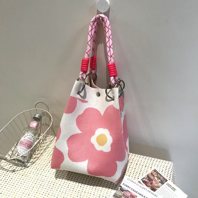 Black and White Rhombus Knitted Tote Bag Women's Casual Versatile Large Capacity Messenger Bag Handbag