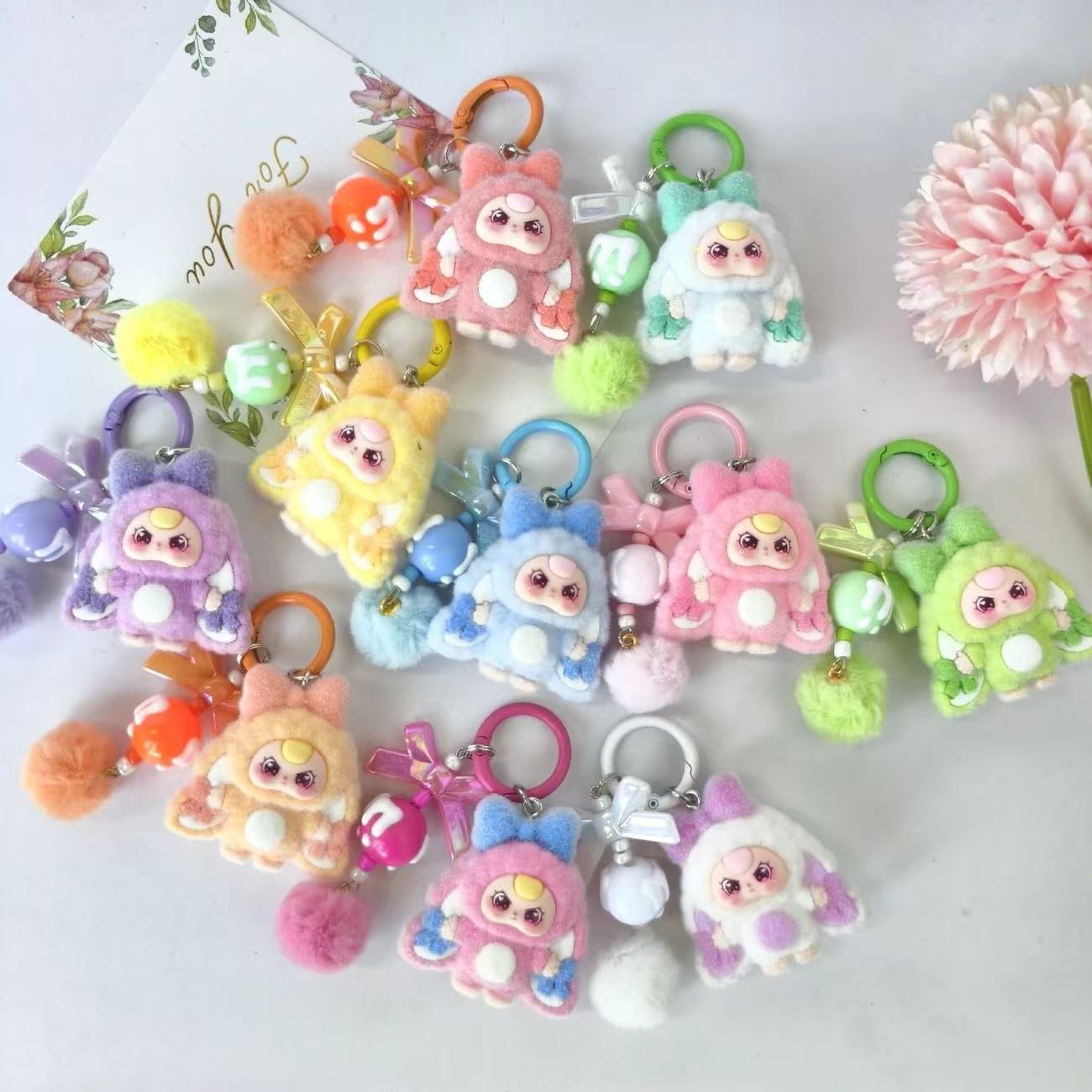 Cute Cartoon Plush Keychain with Pom-Pom and Charm - Perfect Gift for Kids and Girls