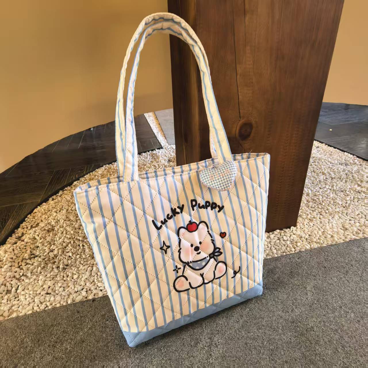 Cute Lucky Puppy Striped Quilted Handbag Cartoon Dog Design Daily Commuter Fashion All-Match
