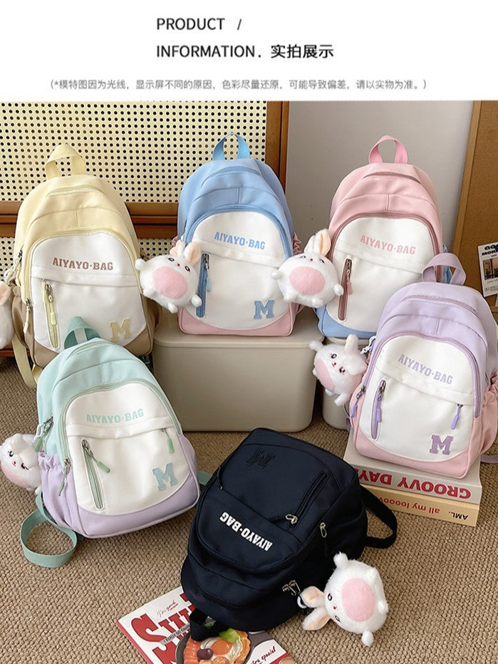Cute Kids Backpack with Plush Rabbit Charm for School Travel and Spring Outings - Waterproof Oxford Fabric Design