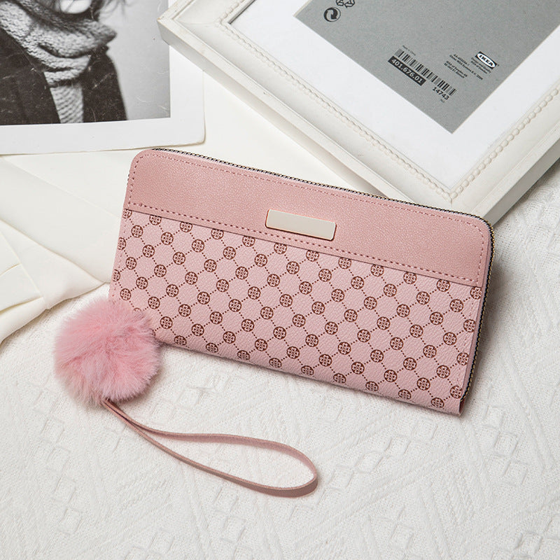 Stylish Long Zipper Wallet with Pom-Pom Charm and Multiple Card Slots for Women