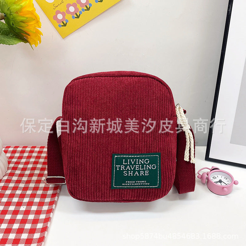 Corduroy Small Square Bag Women's Shoulder Bag Korean Simple Messenger Bag Zipper Closure Strap Mobile Phone Bag