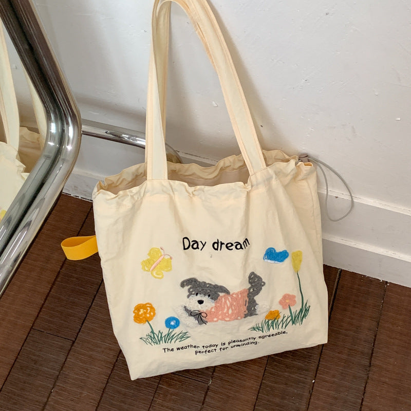 Cute Embroidered Puppy Tote Bag for Women, Large Capacity Shoulder Bag with Drawstring Closure, Perfect for Daily Commute and School