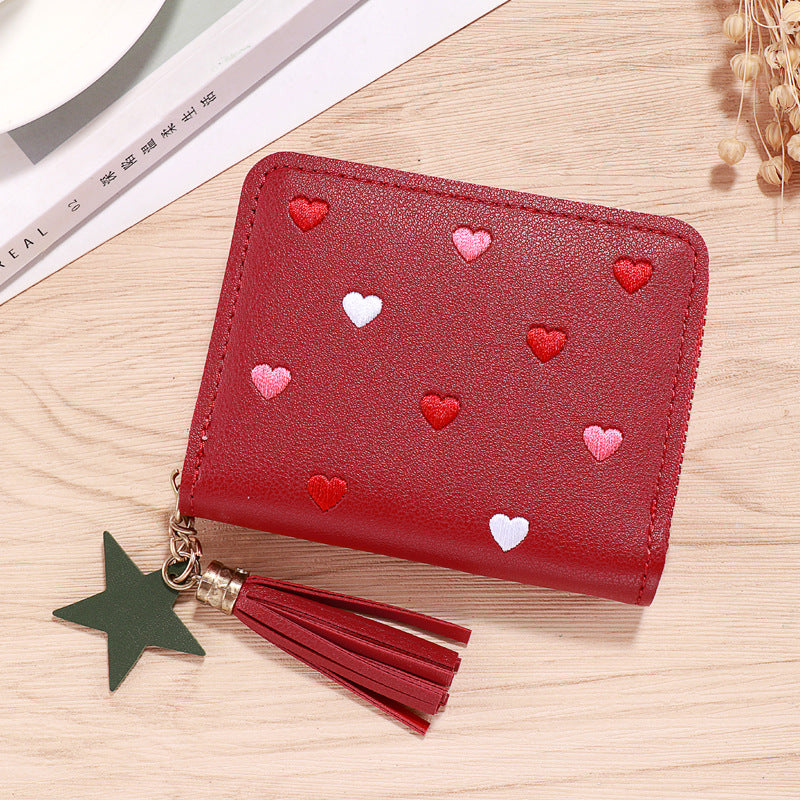 Cute Heart Embroidery PU Wallet for Women with Tassel Charm and Star Pendant, Compact Card Holder for Daily Use