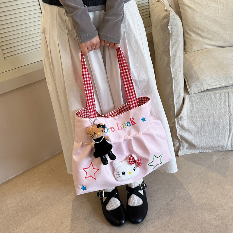 Cute Korean Style Versatile Kitty Pleated Handbag Women's New Large Capacity Commuter out Shoulder Bag