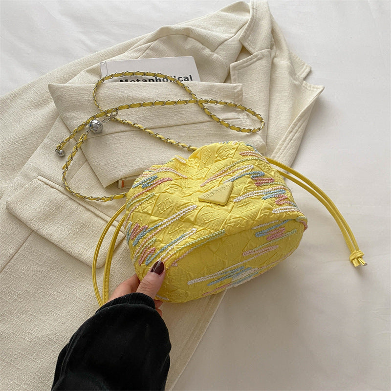 New Chinese Style Rainbow Striped Embroidered Bucket Bag New Summer Rhombus Chain Indentation Shoulder Crossbody Lucky Bag