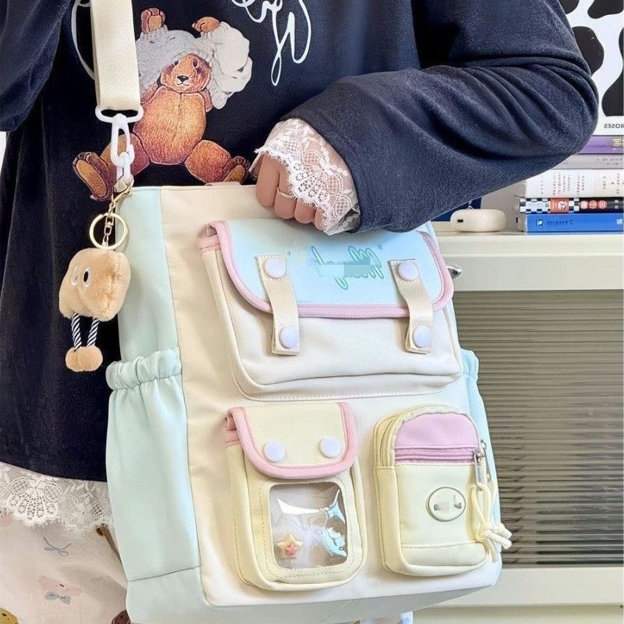 Cute Color-Blocking Student Tote Bag with Plush Keychain and Multiple Pockets for Daily Use
