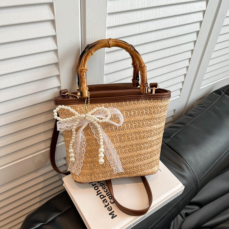 Summer New Fashion Bamboo Handle Woven Bucket Bag, Casual Minimalist Straw Handbag with Elegant Design