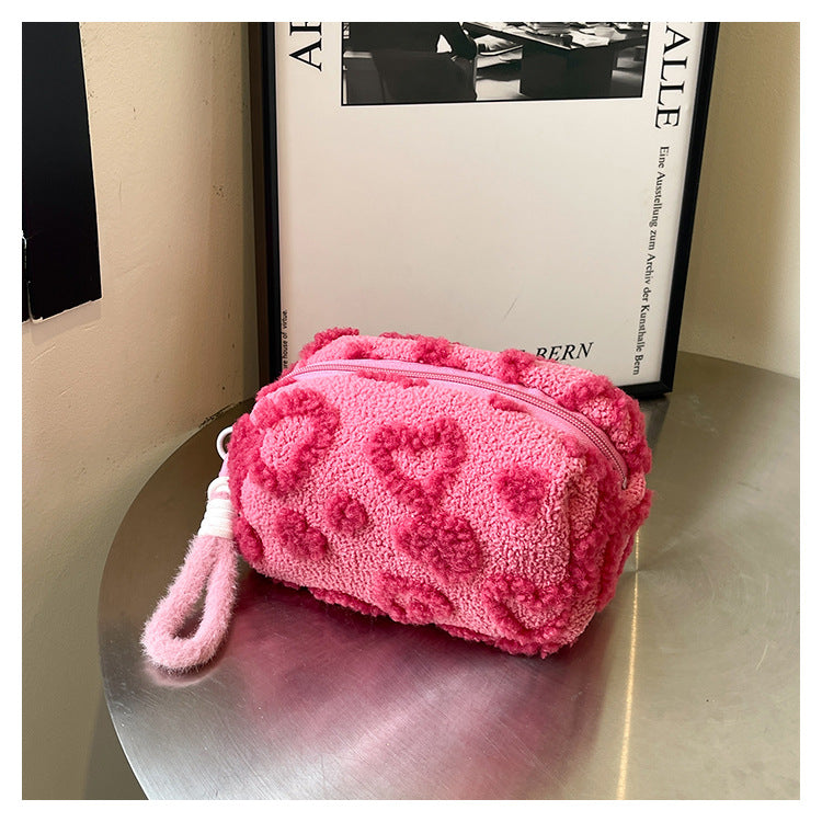 Cute Plush Heart Pattern Cosmetic Bag with Large Capacity and Soft Texture for Daily Use and Travel