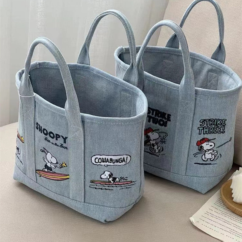 Snoopy Embroidered Denim Tote Bag with Magnetic Closure, Cartoon Design for Daily Use and Casual Outfits