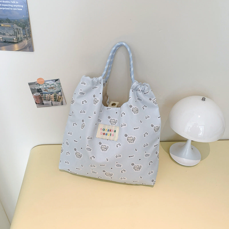 Cute Cartoon Print Tote Bag for Women, Large Capacity Shoulder Bag with Drawstring Design, Perfect for Daily Use and Shopping