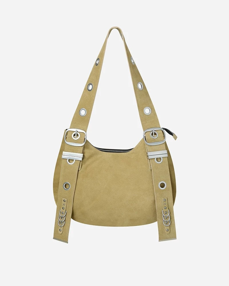 Retro Punk Style Shoulder Bag with Metal Grommets and Buckles for Casual Travel